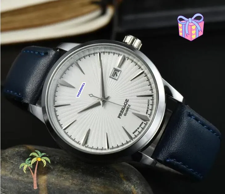 Мужский день дата Quartz Watches 40 -мм серебряной из нержавеющей стали кожаные ремешки высочайшего качества наручных часы. Хорошие классные заводские часовые часовые браслет часы подарки