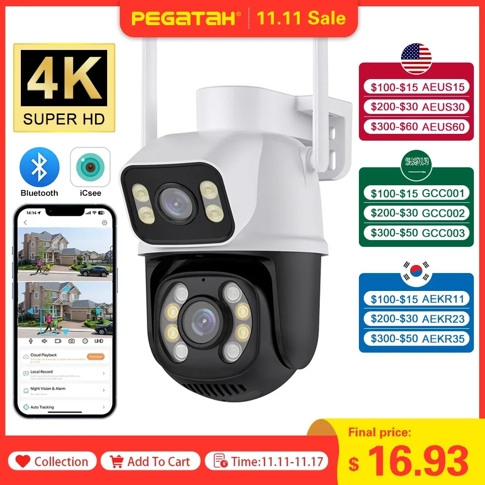 Cameras Pegtah 8MP 4K PTZ WiFi IP Camera Security Double Lens Couleur Night Vision Track Auto Track CCTV Surveillance Cameras ICSEE Application