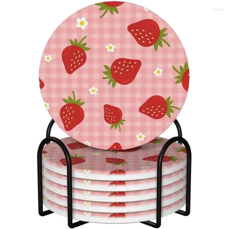 Tischmatten Erdbeeren rosa Untersetzer für Getränke mit Halter 6 Pack absorbierende Keramik absorbieren Steinkork Basis Geschenk Home