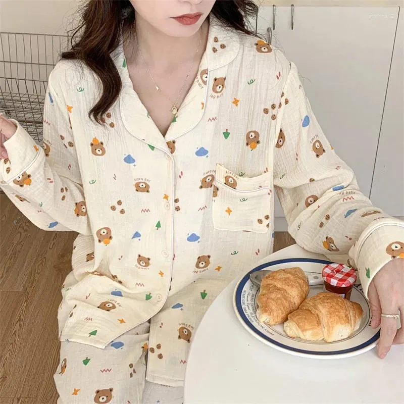 Home Clothing Cotton Sleepwear Long Bear Print Gauze Pajamas For Women Pyjamas 2 Piece Set