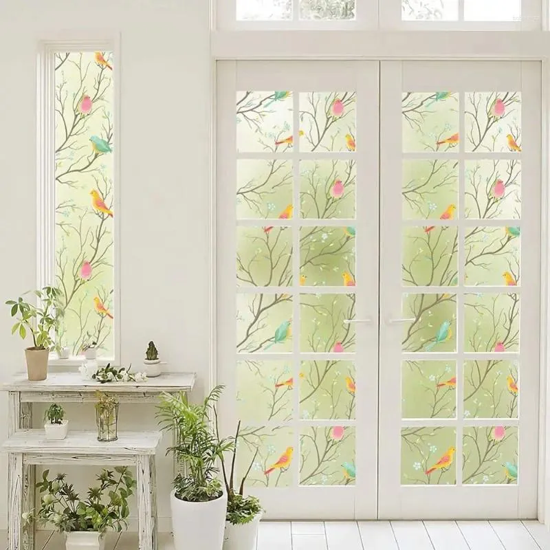 Naklejki okienne gałąź kolorowe matowe przezroczyste nieprzezroczyste kolorowe karki ptaków folia malowana szklana naklejka