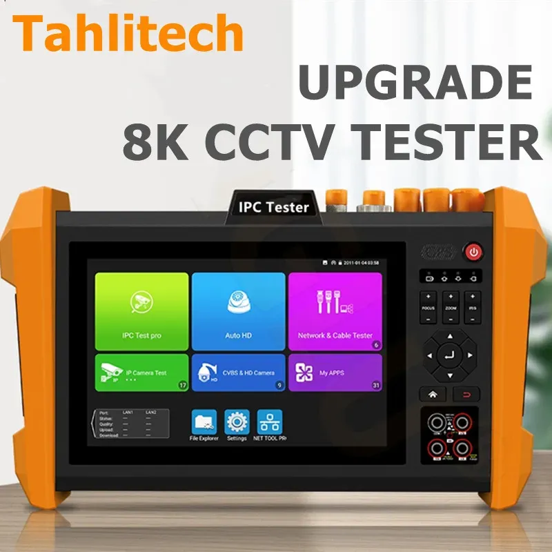 Anzeige 8K IPC CCTV Tester Tool Kit 7inch H.265 8K 8MP TVI CVI AHD SDI CVBS IP -Kamera Tester Monitor mit TDR -Kabel -Tracer