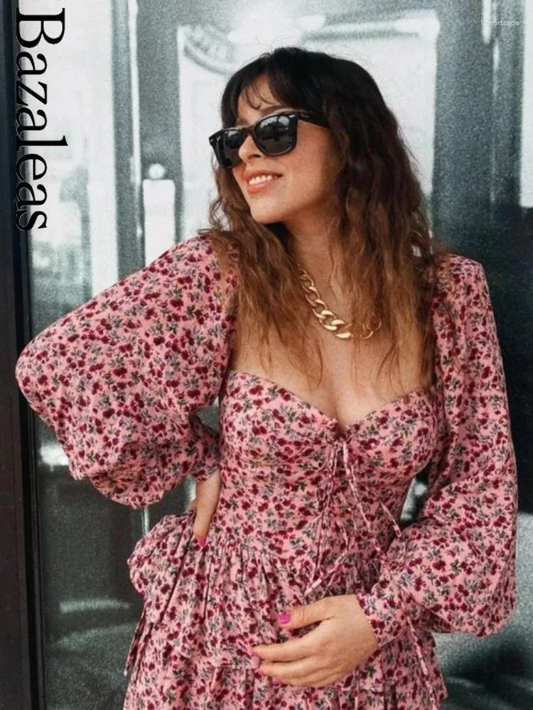 Casual Dresses 2024 Bazaleas Sexig Rose Pink Floral Print Women's Dress Bandage Puff Long Sleeve Holiday Ruffles Cake Mini