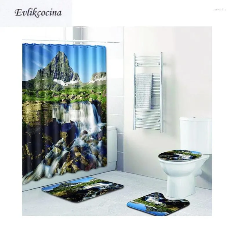 Bath Mats 4st Waterfall Scenic Banyo Mat Anti Slip Badrumset Tapete Banheiro Washable Toalettmattor Alfombra Bano