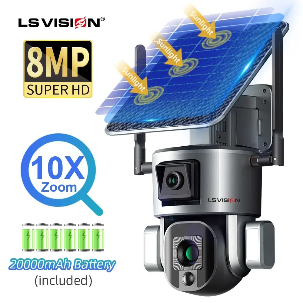 Камеры LS Vision 4K 8MP HD Dual Lens 4G Solar Camera Camera Outdoor 4x 10x оптическая Zoom Wi -Fi Камера Автопомет