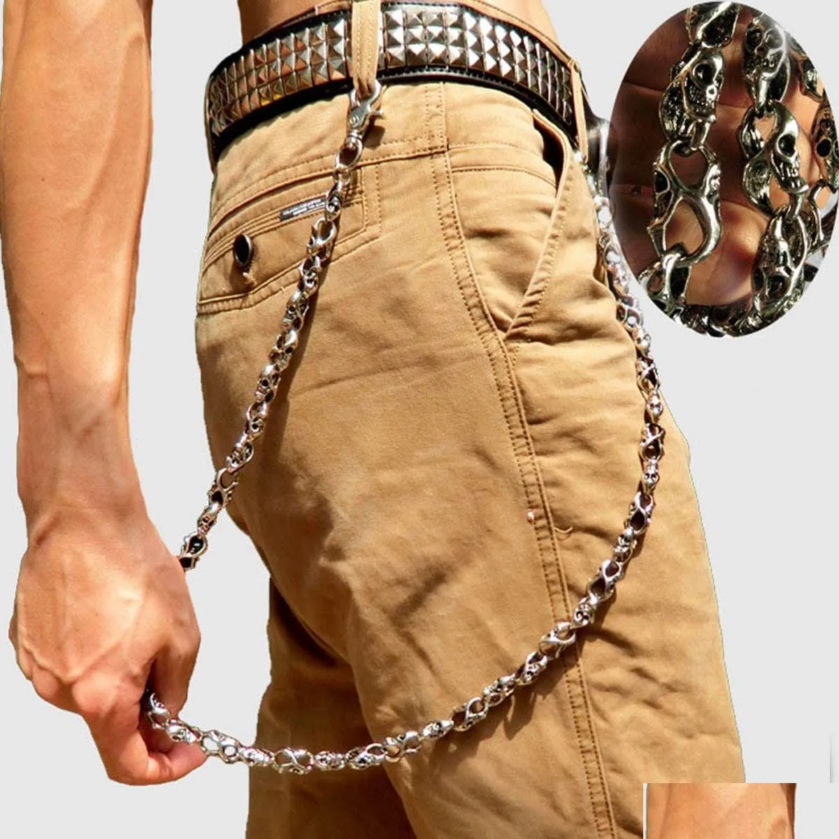 Nyckelringar 79 cm skl Biker Jean Wallet Chains Sier Ghost Rock Punk Hip-Pop Metal Keychain Pant Chain Fashion Men smycken Drop Delivery Dhtmf