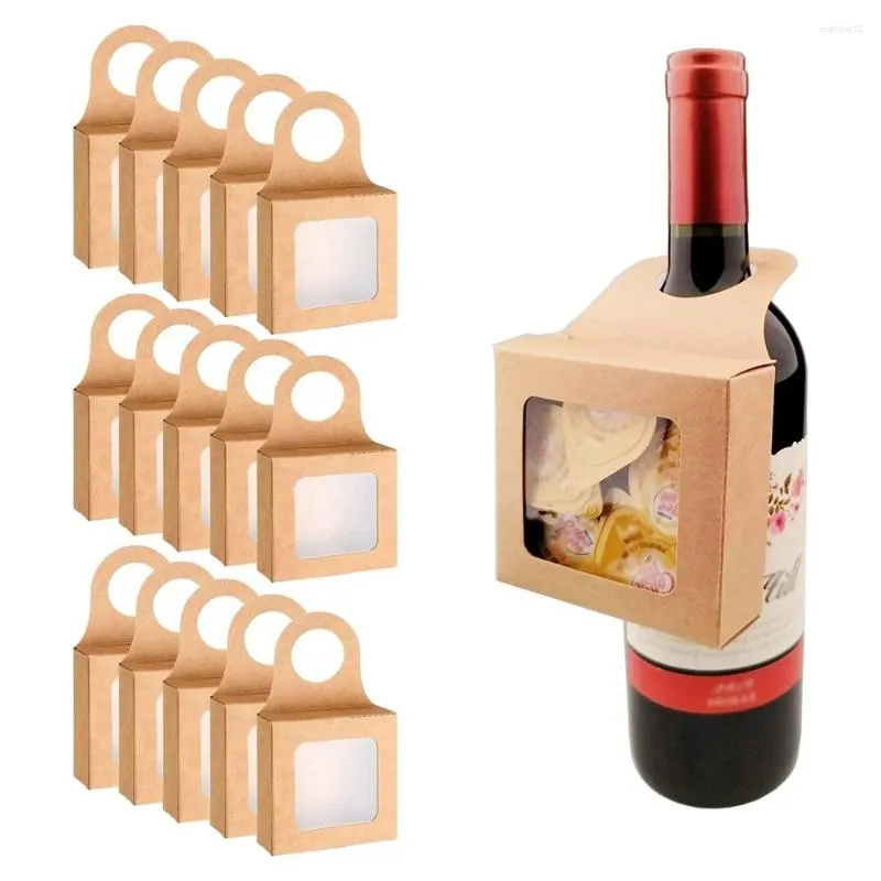 Present Wrap 25pc Kraft Wine Bottle Box med fönster hängande fällbara lådor Hållbara papperslådor Dekorativa för gåvor