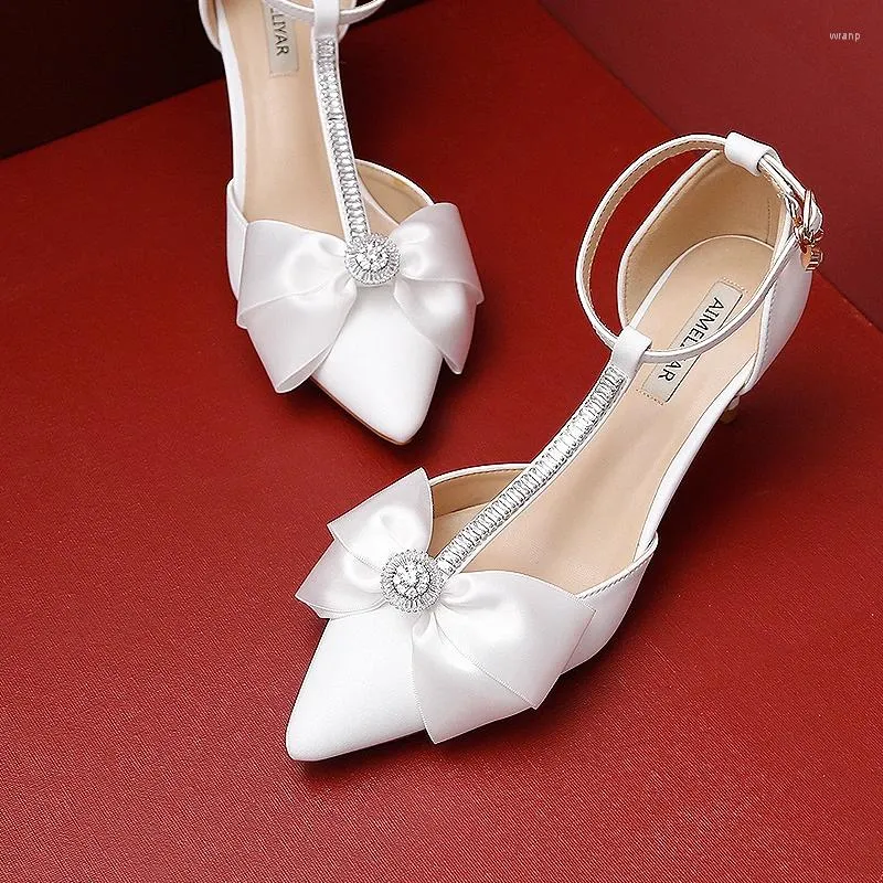 Dress Shoes T-shaped Ankle Strap French Princess Wedding Hollow Chiffon Rhinestone Bowknot Pointed Toes Stiletto High Heel Sandals