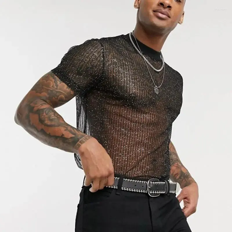 Men's T Shirts 2024 Men Short Sleeve Mesh Shirt Sheer Slim Fit Shiny Sexy Party Nightclub Thin Breathable