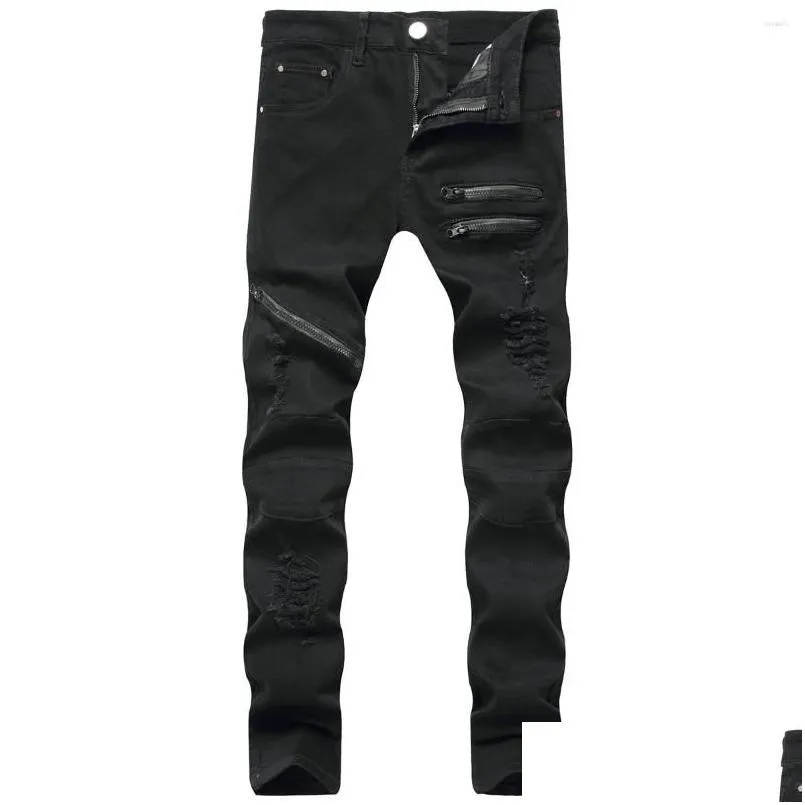 Jeans para hombres Racped Fashion Pencil Color sólido Pantalones de cintura alta Diseño de la cremallera Close-ajuste para hombres Gotor de entrega de gotas Dhzqa