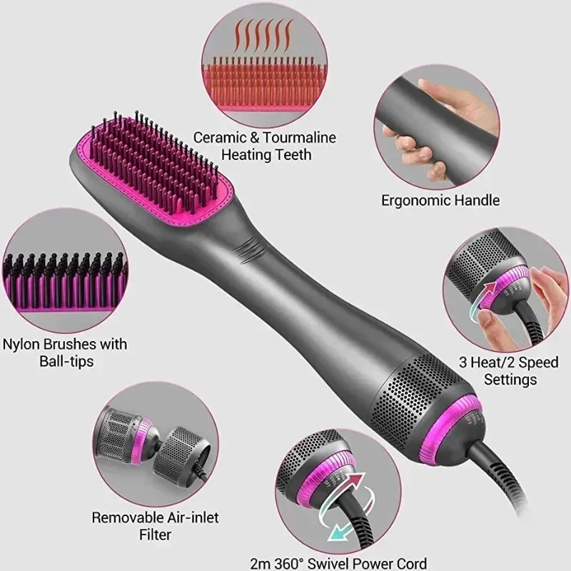 2024 HAAR DROYER BOUS 3 In 1 Hot-Air-borstels 1200 W Krachtige Keramische Tourmaline Ionic Hair Roighter voor alle haartypen Electrichair Dryer-borstel voor krullend haar