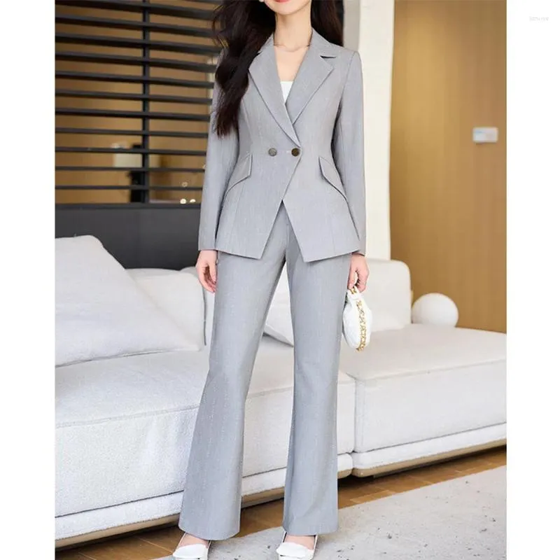 Women's Two Piece Pants Formal Suit Sets Striped Jacket And Gray Black Casual Pantsuit Office Balzer 2 Female Outfits Ropa De Mujer