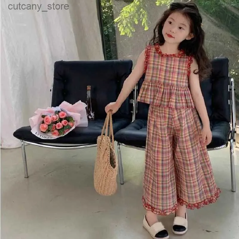 Trousers Girls Set Plaid Lace Top+Wide g Pants Two-Piece Girls Kids Outfit 2023 Summer New ChildrenS Clothing Sets Girls Suit L46
