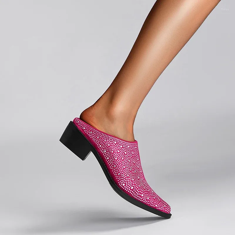 Slippers Women Pointed Toe Rhinestone Mules Glitter Bling Shiny Sparkly Gorgeous Chunky Mid Heel Slip On Summer Slipper Sandals Plus Size