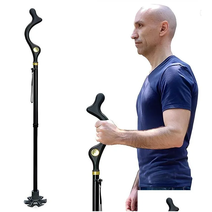 Hand Tools Survival Adjustable Walking Stick For The Elderly Heavyduty Aluminum Posture Cane Rubber Traction Tip Folding Travel Mobili Otfux