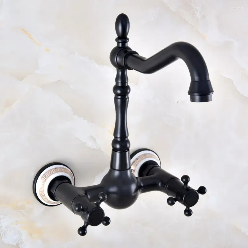 Bathroom Sink Faucets Black Oil Rubbed Bronze Kitchen Faucet Mixer Tap Swivel Spout Wall Mounted Two Handles Mnf877