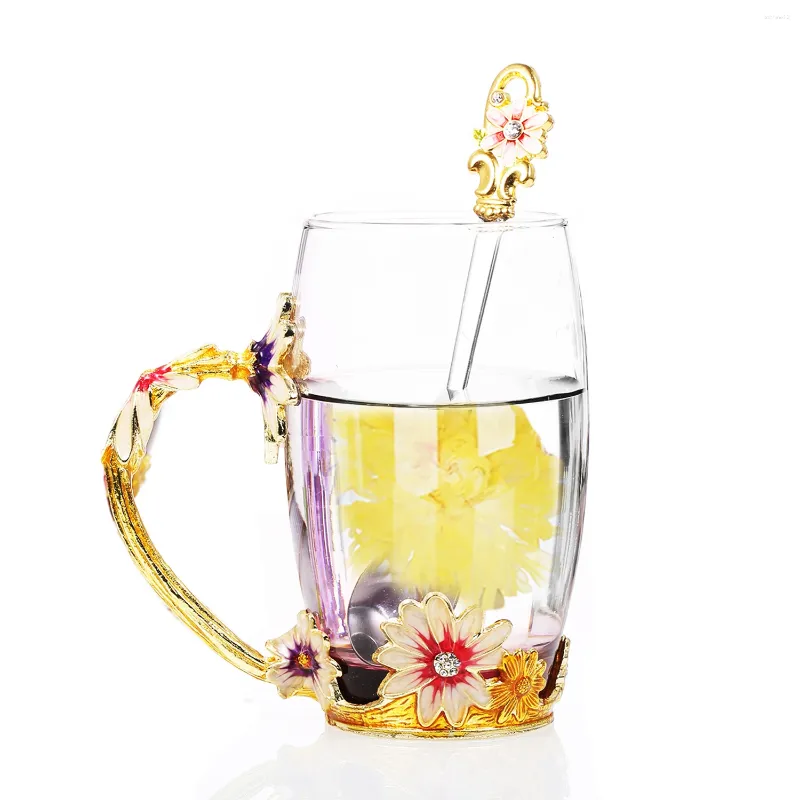 Wine Glasses Rose Enamel Crystal Cup Transparent Coffee Mug With Spoon Flower Tea Glass High-grade Handgrip For Wedding Gift