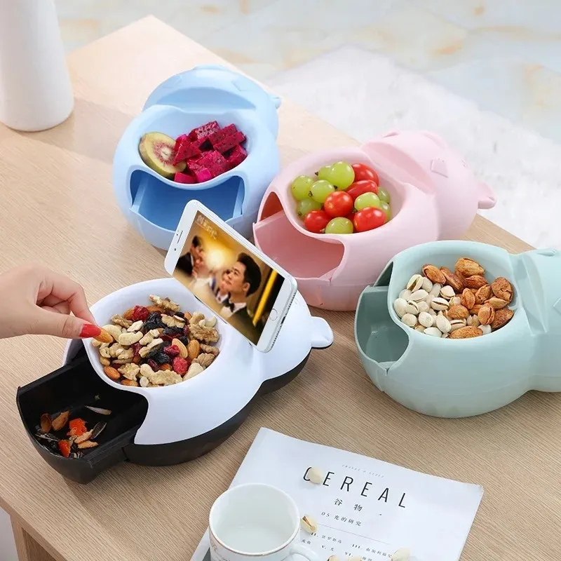 Modern Lazy Snack Bowl Living Room Creative Plastic Double Layers Snack Storage Box Bowl Fruit Plate Snack Dishes Phone Holder