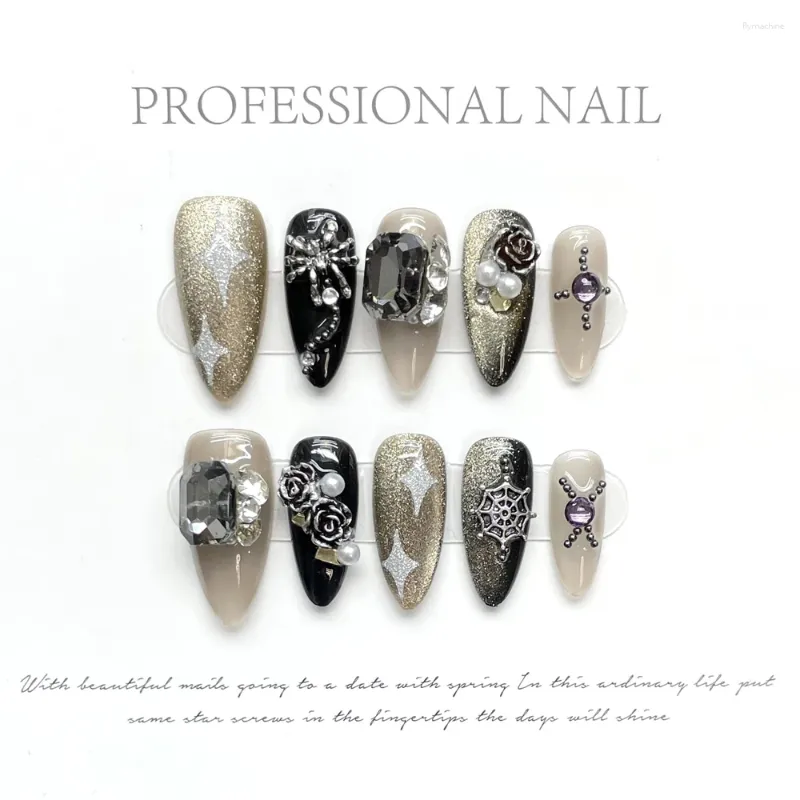 Party Favor 10 Pcs Handmade Nails Y2k Alloy Rose Diamond Decor Punk Gothic Style Cool Black Detachable Almond Nail Tips Full Cover Manicure