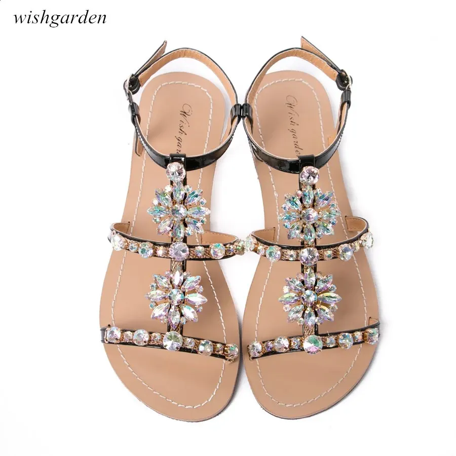 Sommer Frauen Peep Toe Böhmen Sandalen Frauen Diamant Flat Schuhe Lady Casual Beach Strass Shining Pantoffeln plus Größe 240328