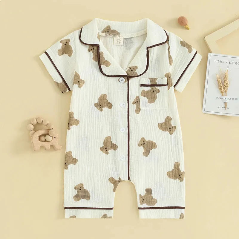 Geboren baby boy girl katoen linnen jumpsuit revers revers korte mouw beren bodysuit zomer overalls playsuit 240325