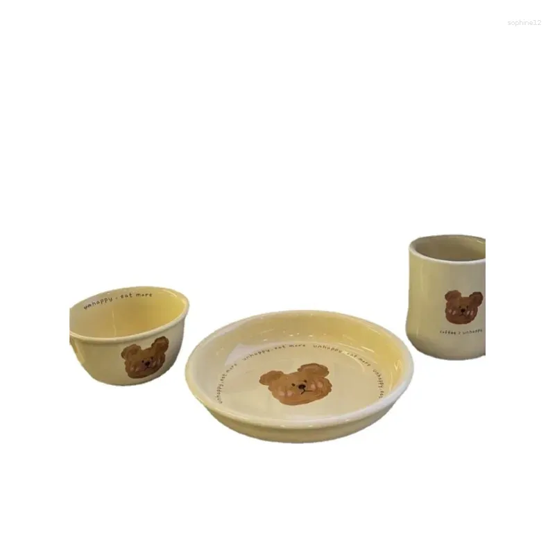 Servis uppsättningar koreanska keramiska bordsartiklar ramen skål söt handmålad tecknad björnplatta soppa gul sallad
