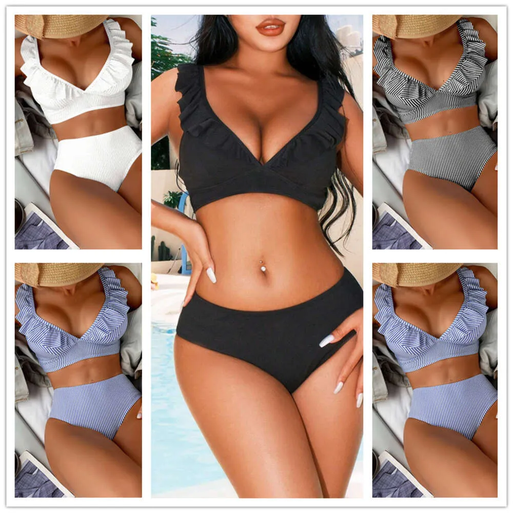 2024 New Womens High Waist Gathering Ruffle Edge Special Fabric Stripe Printed Split Swimsuit