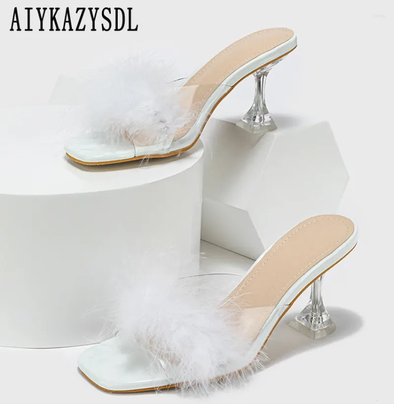 Dress Shoes AIYKAZYSDL Fur Feather Slippers Party Clubwear Fetish Women PVC Clear Transparent High Heel Mules Slides White OL