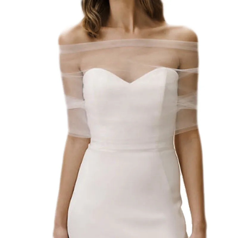 Enveloppement de veste de mariée simple, Ivoire des applications en dentelle épaule en tulle arrière Back Formal Bridal Wraps