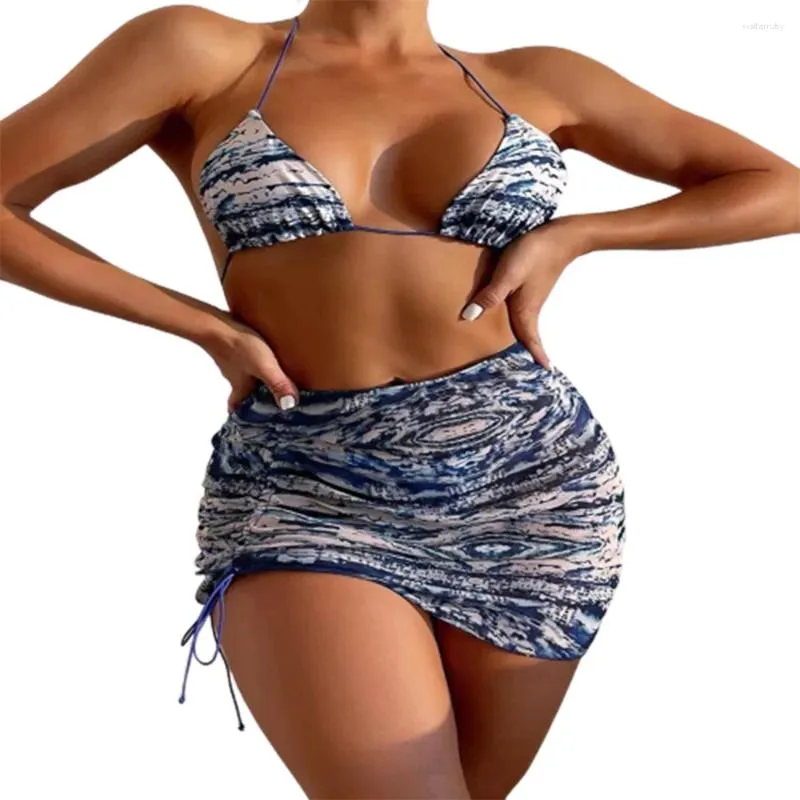 Women's Swimwear FS Women Blue Micro Thong High Waist Bikini Set Halter Lace Up Bathing Suit Hip Skirt Three Pieces 2024 Summer