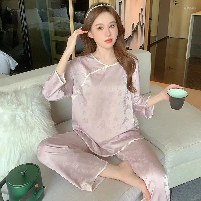 Roupas em casa Mulheres de manga longa Pijamas Setes Sleep Sleep Ice Silk Homewear redonda pescoço chinês Sleepwear Awearwear Lounge solto 2pcs