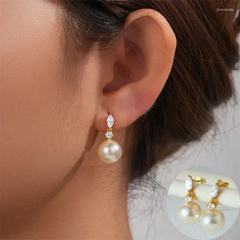 Dangle Earrings 925 Sterling Silver Pearl Geometric For Women Girl Zircon Vintage Simple Design Jewelry Party Gift Drop