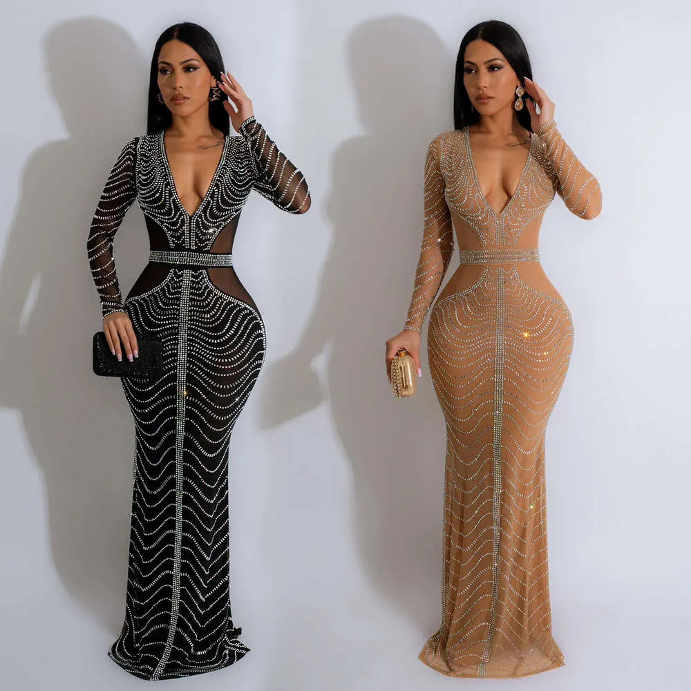 Fashion Women's Solid Color Mesh Hot Diamond Long Dress with Stand Collar  and Batwing Sleeves from Dhgate Urban Sexy Dresses - price 60.0