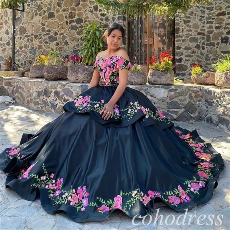 Save Big on Bulk Black Mexican Quinceanera Dresses Black Quinceanera Dress  Plus Size, Colorful Embroidery Satin Off Shoulder Vestido De 15 Años,