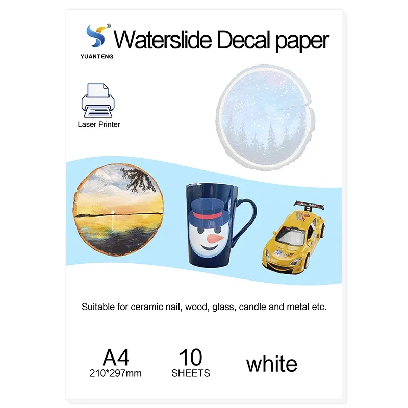 Papel (10pcs/saco) Decalque de deslizamento a laser Decalque sem necessidade de água de transferência de água Branco de fundo branco Tamanho A4 (8,3*11,7 polegadas)