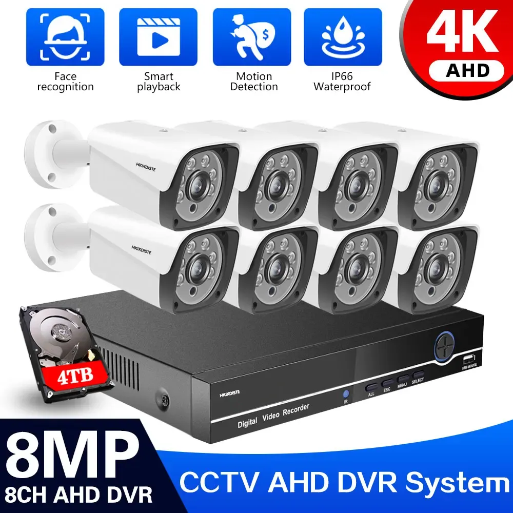 システム8CH 4KスーパーHDビデオセキュリティシステムH.265+ DVR 2/4/6/8X 8X 8MP弾丸屋外防水CCTVカメラキットAI検出