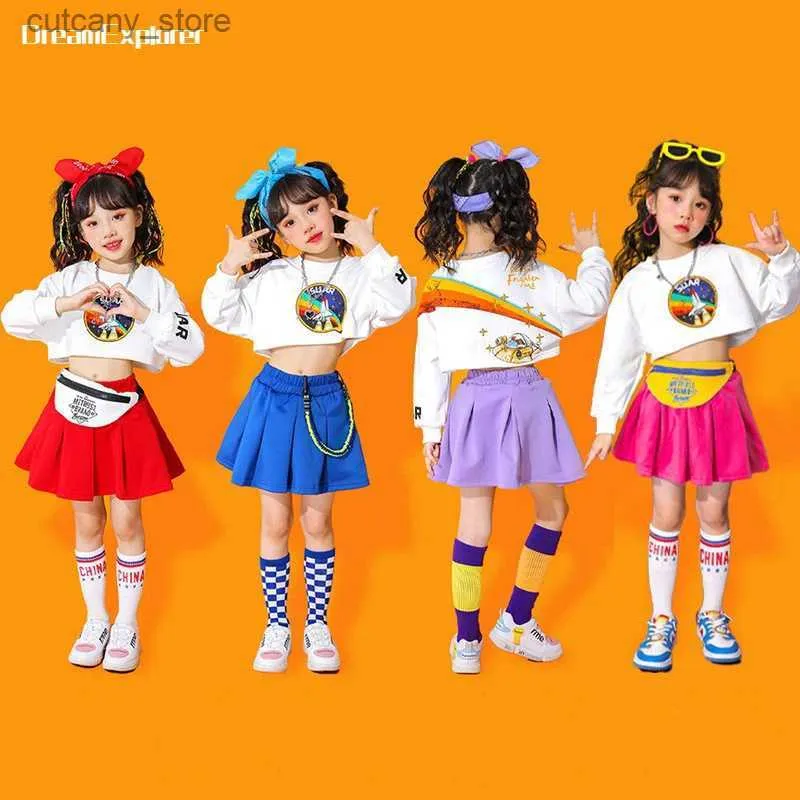 Girl's Dresses Girls Hip Hop Crop Top Solid Lovely Skirts Children Street Dance Candy Color Cheerader Mini Skirt Kids Streetwear Jazz Outfits L240402