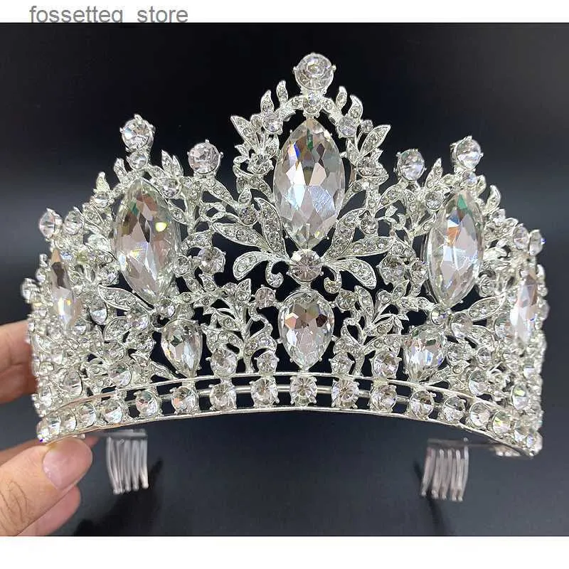 Hochzeitshaarschmuck Hochzeit Haar Schmuck Tren Silber Farbe Kristall Königin Big Crown Braut Tiara Frauen Schönheit Festzug Braut Accessoires 230307 L240402