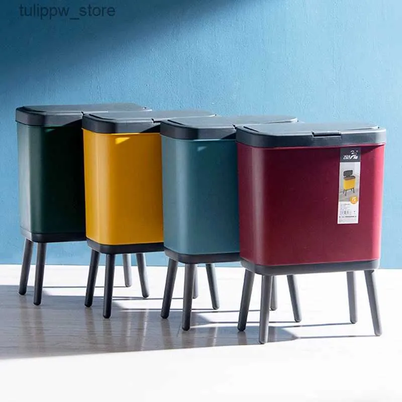 Afvalbakken 15l Creatieve Dust bin Hoge voet met deksel Grote capaciteit Pers Type afval Bin Keuken Garbage Container Kantoor Plastic afval kan L46