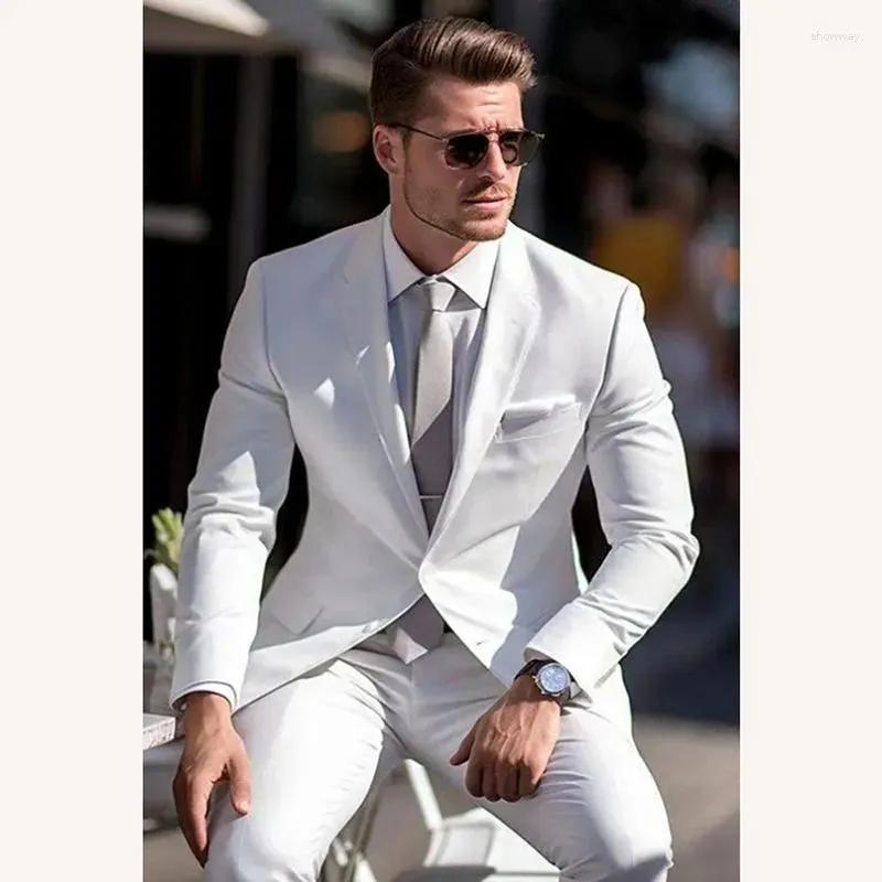 Ternos masculinos elegantes homens brancos magro de duas peças (calça de jaqueta) chique em negócios casuais roupas de moda noivo de casamento smoking