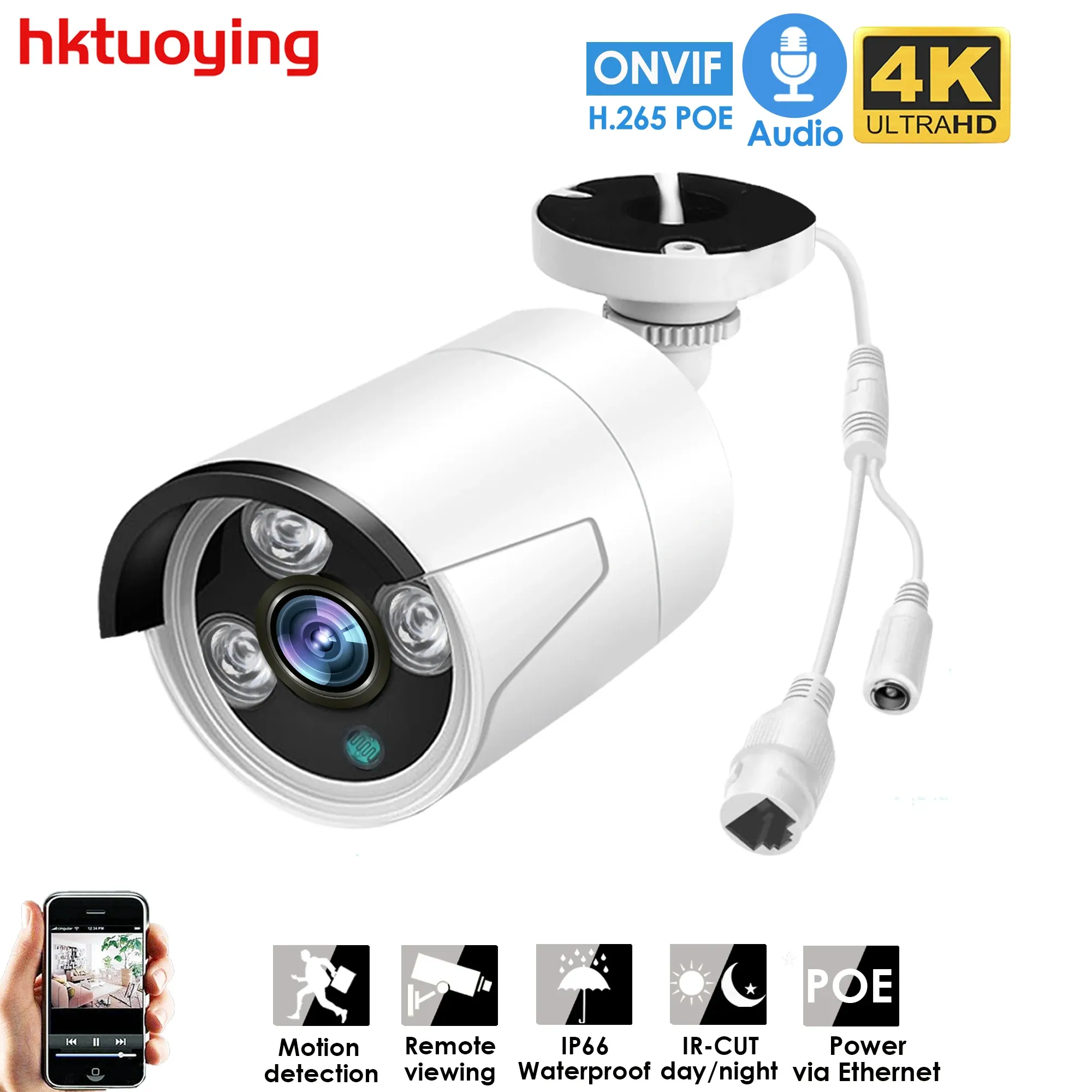 Cameras 8MP 4K POE WIRED IP ONVIF H.265 + Enregistrement audio CCAME CCTV 3MP 4MP 5MP IPAPHOP IP66 VIDEO DE SÉCURITÉ HOME EXTÉRIEUR XMEYE