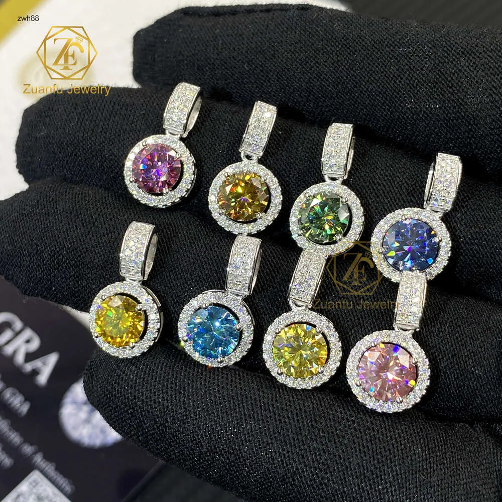 Hot Selling Fine Jewelry Round Style 6.5mm 1CT 925 Silver Halo Design Pink Blue Green Yellow Moissanite Diamond Pendant