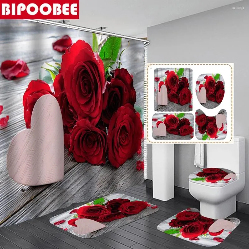 Duschvorhänge rote Rose Blumenbad Matten Set Valentinstag Stoff Vorhang Badezimmer für Wohnkultur ohne Schlupf Teppich Toilettenabdeckung