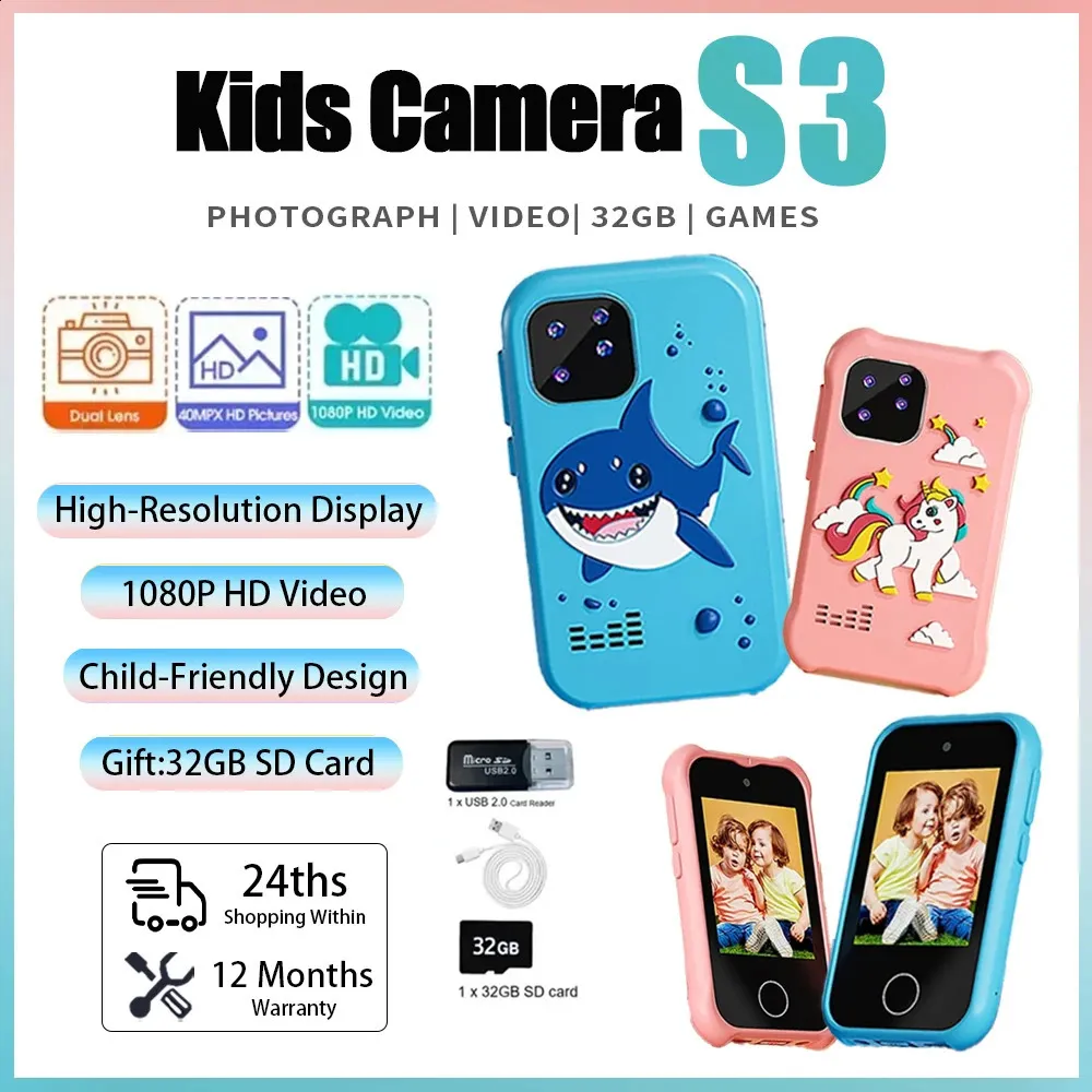 Children Camera Kids Smart Phone Toys Video Camera Outdoor Pography Games Touch Screen Phone with 32G SD Card 240327