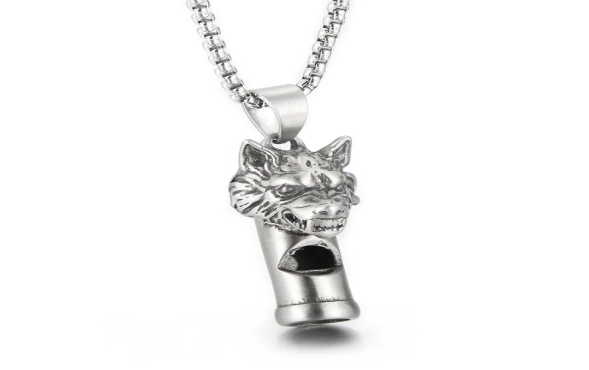 Gothic Wolf Head Whistle Necklace Pendant Casting rostfritt stål Rolo -kedja smycken för män pojkar coola gåvor 3mm 24 tum7069186