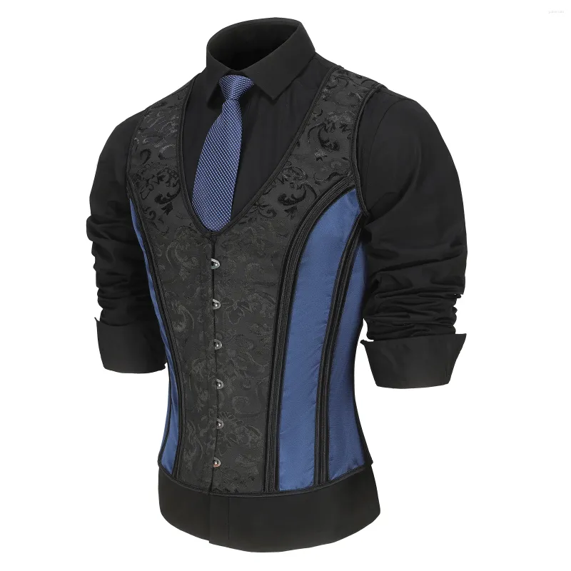 Men's Body Shapers Male Corset Vest Dress Waistcoat Lace Up Bones Formal Tops Vintage Suit Blue Black Print For Wedding Stage Party 6