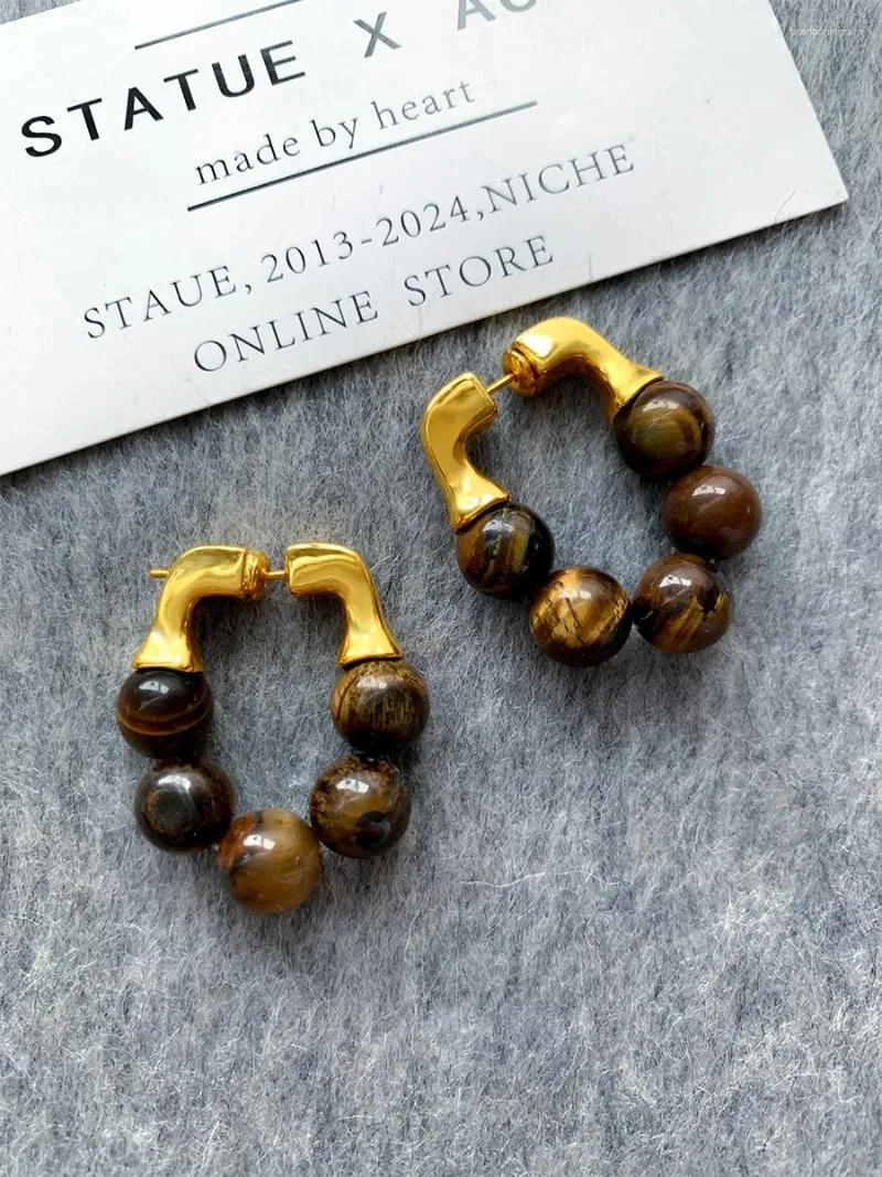 Hoop Earrings Vintage Natural Tiger's Eye Bead High-grade Ethnic Style