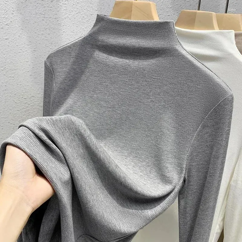 Women's T Shirts Casual Tees Long Sleeve Woman Shirt Fashion Office Lady Half-high Neck Warm Velvet T-shirts Women Winter Slim Solid Tops