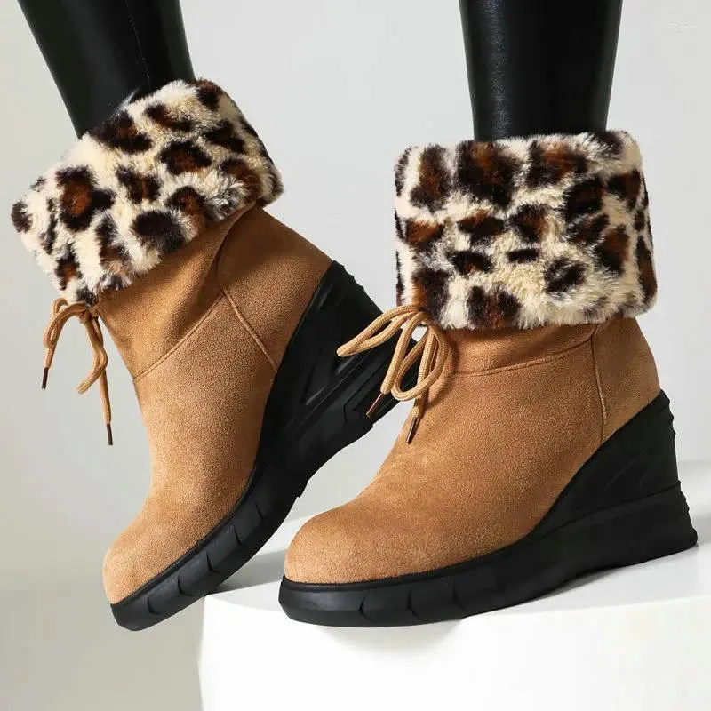 Boots Faux Suede Leather Platform Wedges High Heels Women Shoes Winter Warm Heat Fur Plush Lined Snow With Leopard