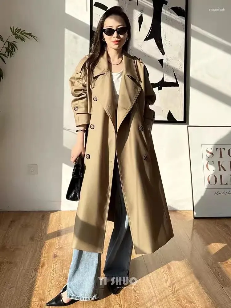 Trench Coats Women Coats Double Butted Long Kaki Mabet pour femmes Corée Fashion lâche Elegant Cotton Ladies Veste 2024 printemps